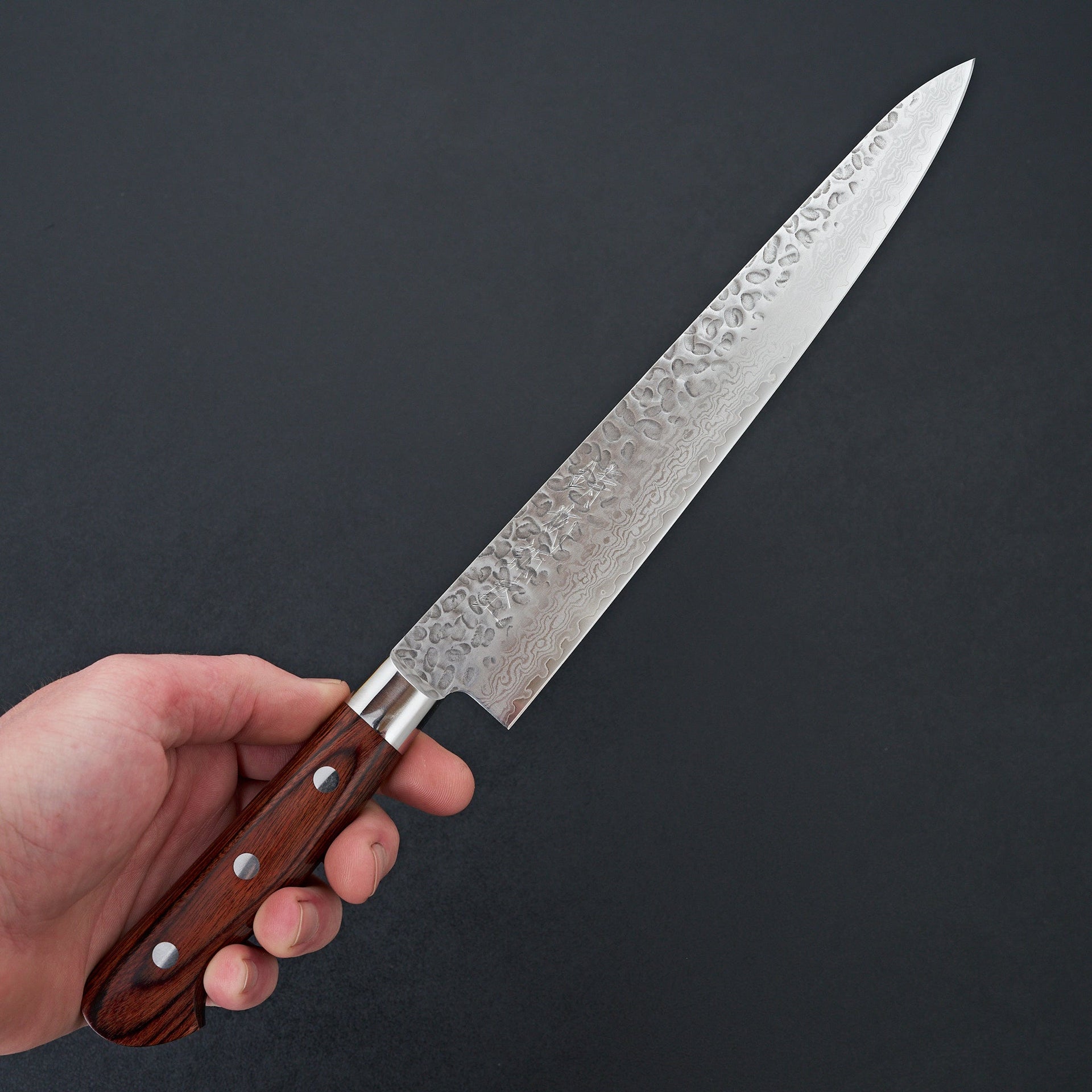 Hitohira Imojiya ST Tsuchime Damascus Sujihiki 240mm Imitation Mahogany Handle (Yo)-Knife-Hitohira-Carbon Knife Co