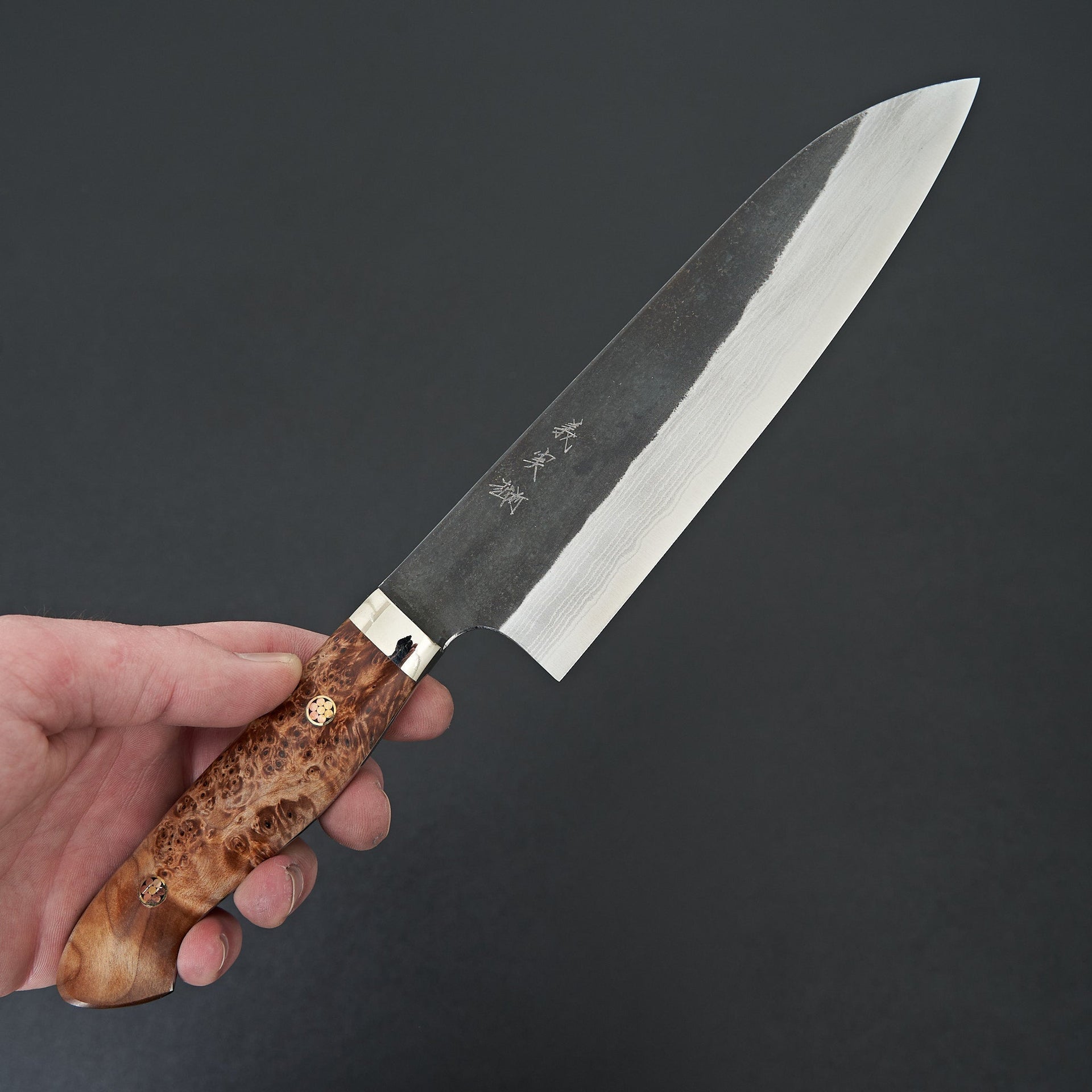 Kato AS Kurouchi Damascus Santoku Western Maple Burl-Handk-Carbon Knife Co