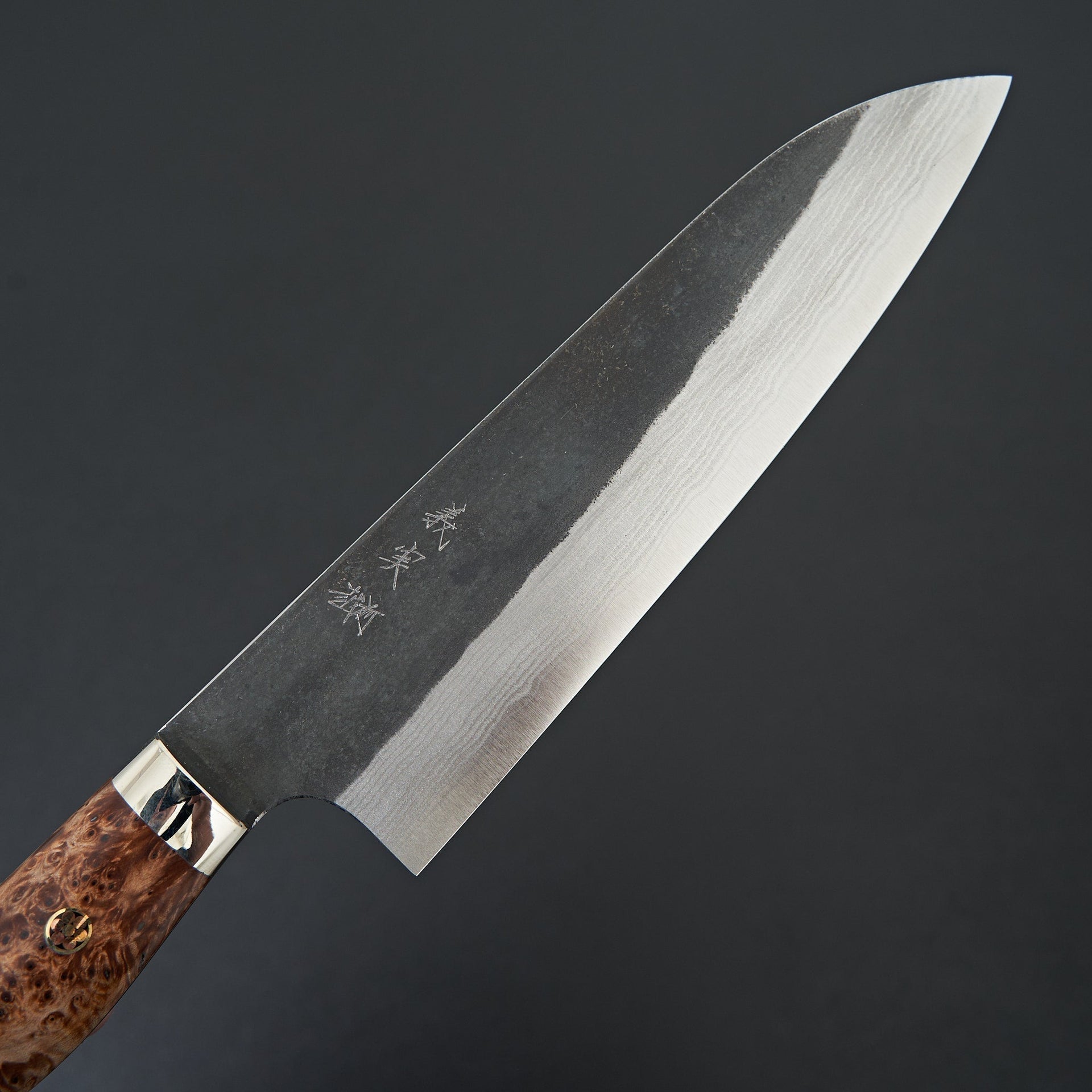 Kato AS Kurouchi Damascus Santoku Western Maple Burl-Handk-Carbon Knife Co