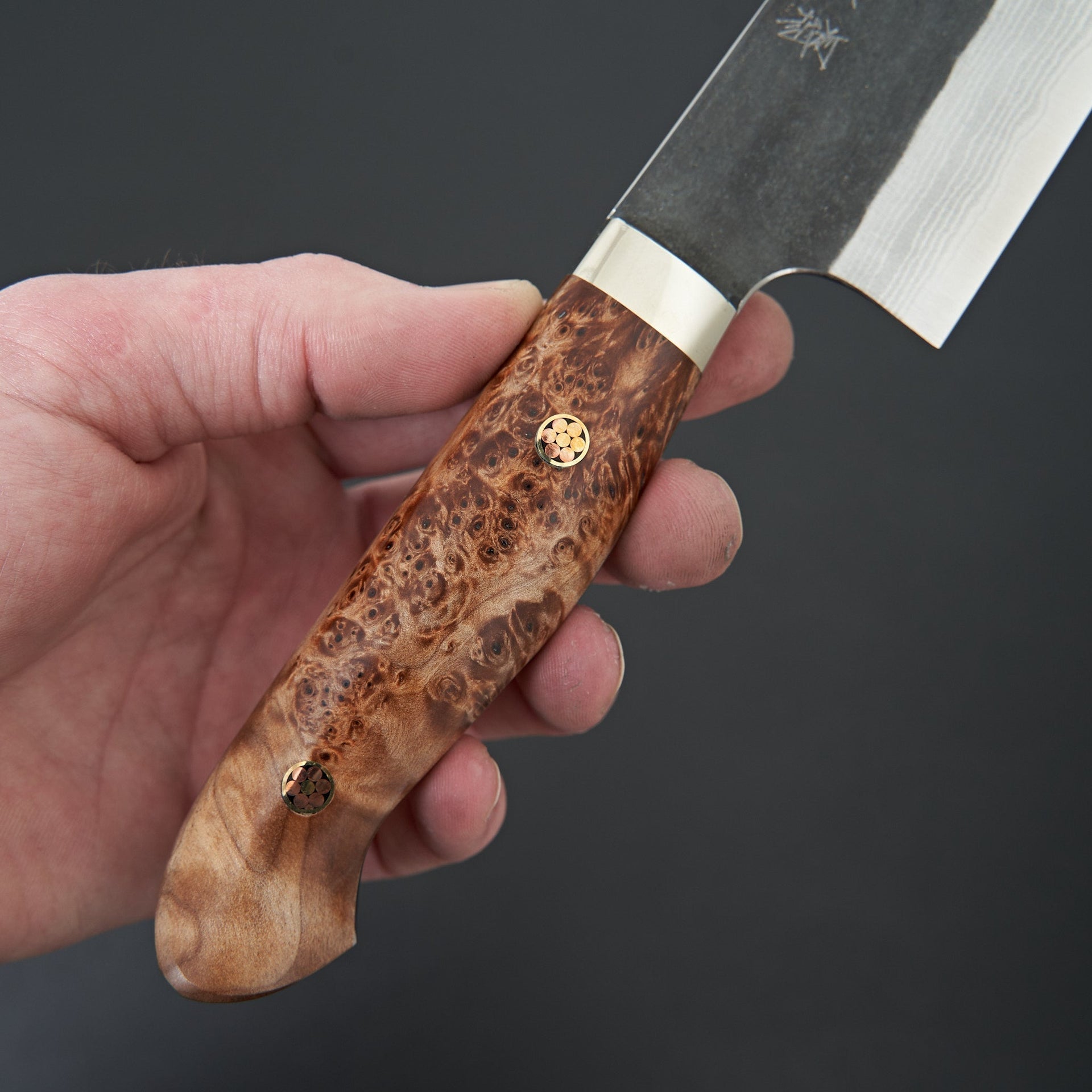 Kato AS Kurouchi Damascus Santoku Western Maple Burl-Handk-Carbon Knife Co