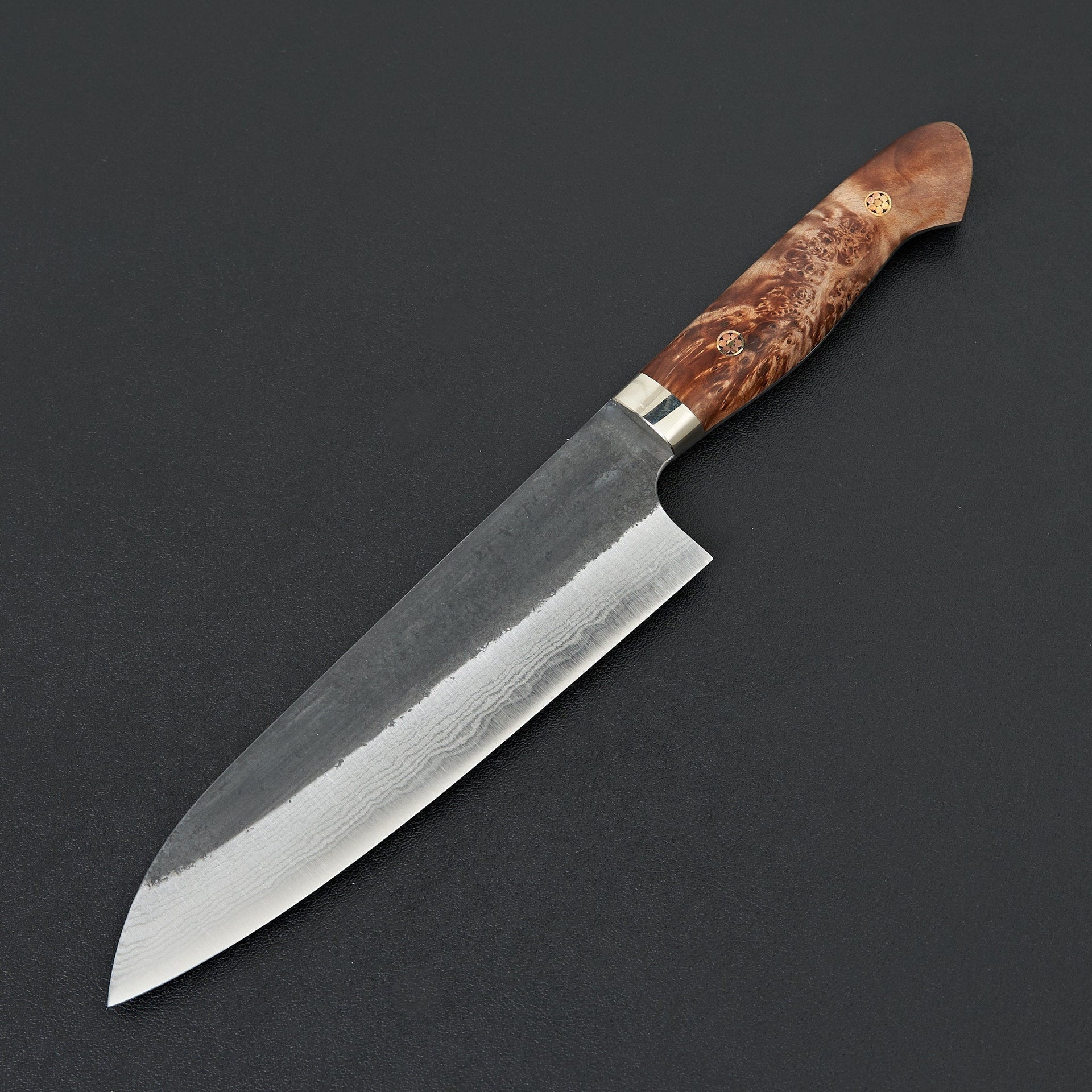 Kato AS Kurouchi Damascus Santoku Western Maple Burl-Handk-Carbon Knife Co