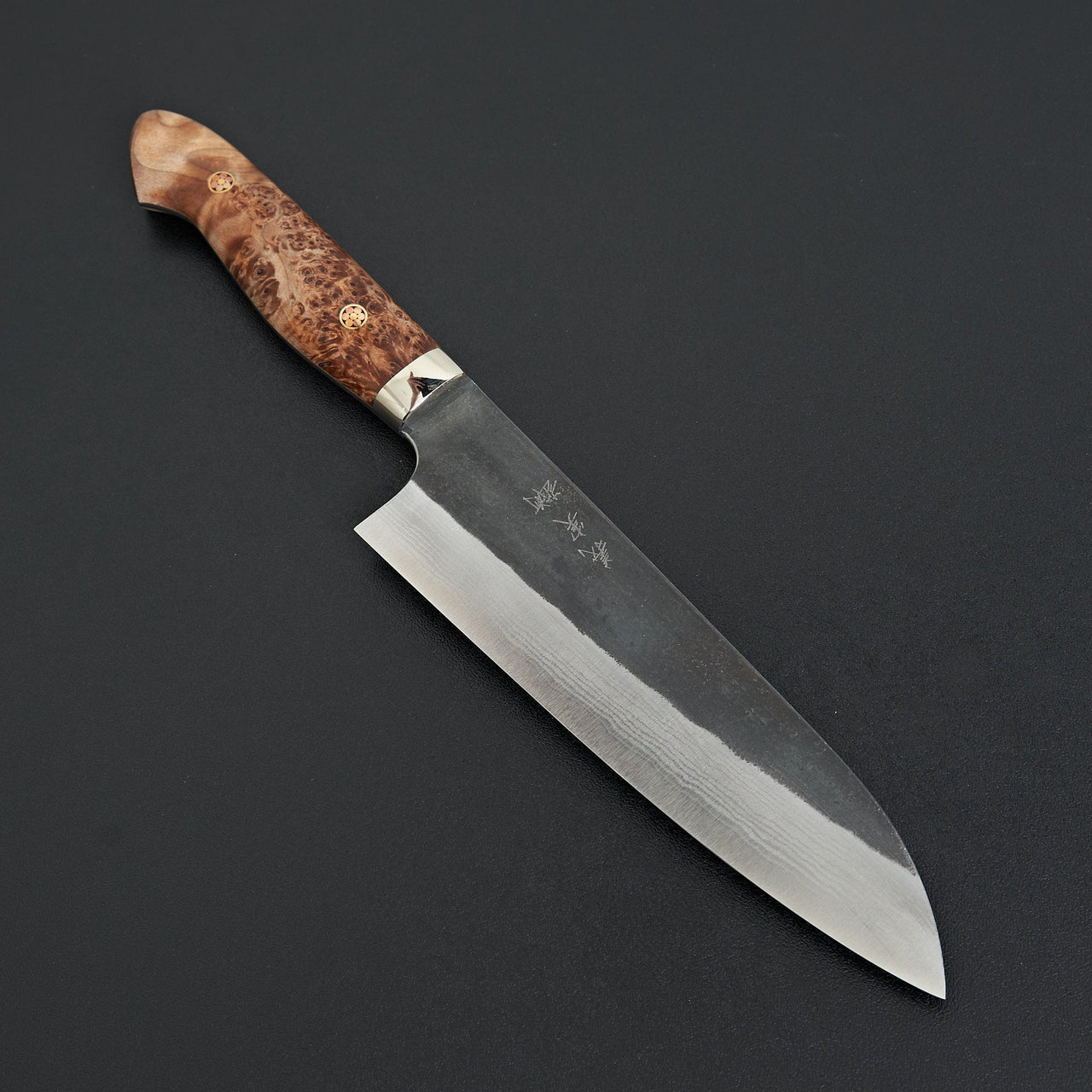 Kato AS Kurouchi Damascus Santoku Western Maple Burl-Handk-Carbon Knife Co